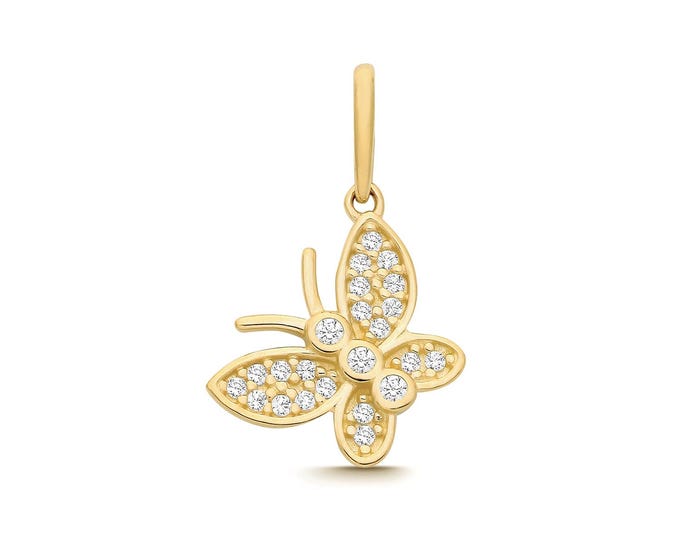 9ct Yellow Gold 10x8mm Pave Set Cz Butterfly Charm Pendant - Real 9K Gold