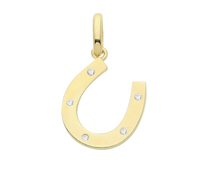 9ct Yellow Gold 10mm Cz Studded Lucky Horse Shoe Charm Pendant - Real 9K Gold