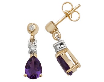 9ct Gold Diamond & Pear Cut Purple Amethyst 12mm Drop Earrings - Real 9K Gold