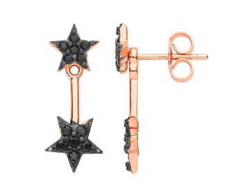 Rose Gold on 925 Sterling Silver Double Pave Black Cz Celestial Star Drop Stud Earrings