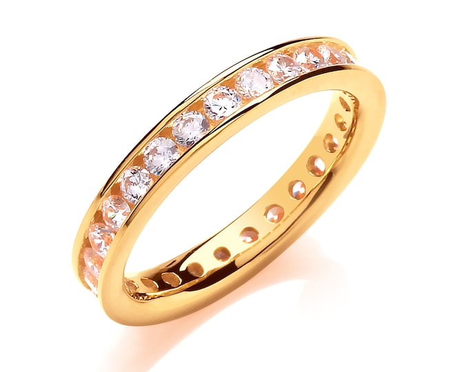 Yellow Gold on 925 Sterling Silver 3mm Full Channel Set Cz Eternity Ring