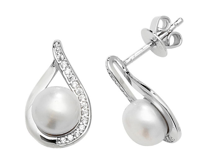 Rhodium Plated 925 Sterling Silver 15x8mm Freshwater Pearl Cz Teardrop Earrings