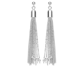 925 Sterling Silver 60mm Long Beaded Tassel Chain Drop Earrings