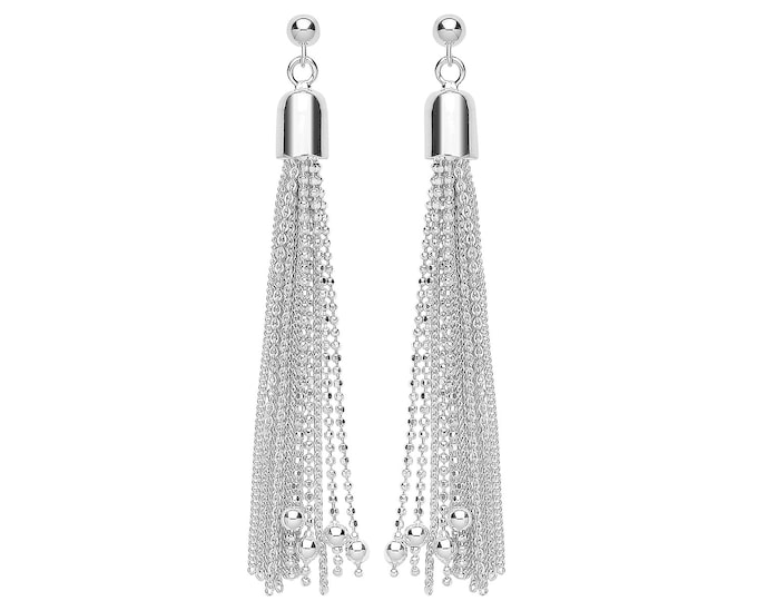 925 Sterling Silver 60mm Long Beaded Tassel Chain Drop Earrings