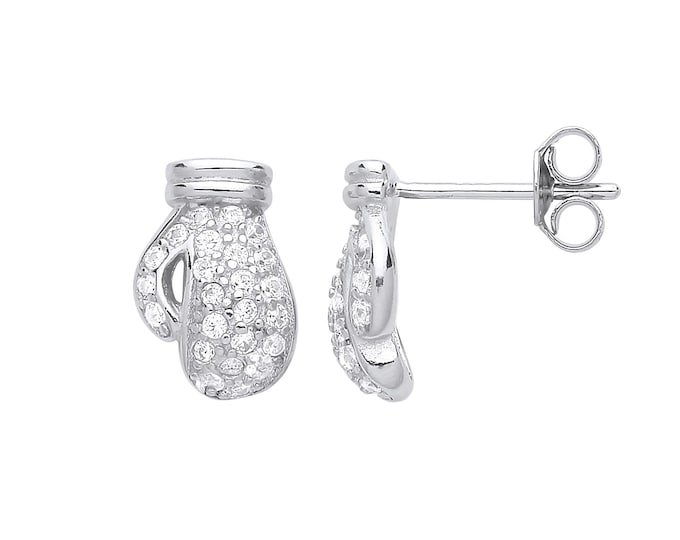 Pair of 925 Sterling Silver Pave Cz 10X7mm Boxing Glove Stud Earrings