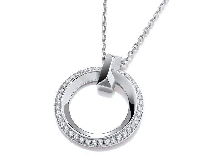 Rhodium Plated 925 Sterling Silver Cz Circle of Life  16"-18" Necklace