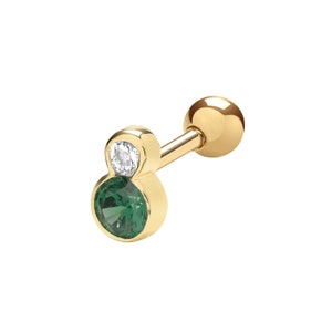 Single 9ct Yellow Gold Emerald Green & White Cz  Cartilage 5.5mm Bar Stud Screw Back Earring - Real 9K Gold