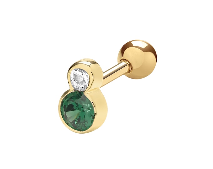 Single 9ct Yellow Gold Emerald Green & White Cz  Cartilage 5.5mm Bar Stud Screw Back Earring - Real 9K Gold