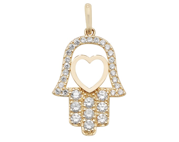 9ct Yellow Gold 1.8cm Pave Cz Hamsa Hand & Heart Charm Pendant - Real 9K Gold