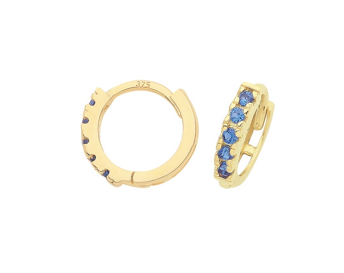 9ct Yellow Gold Sapphire Blue Cz Claw Set 7mm Diameter Hinged Huggies Hoop Earrings - Real 9K Gold