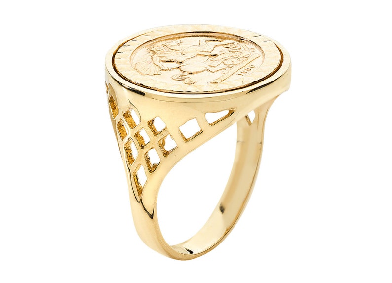 9ct Yellow Gold St George Medallion 110 Sovereign Coin Ring Hallmarked