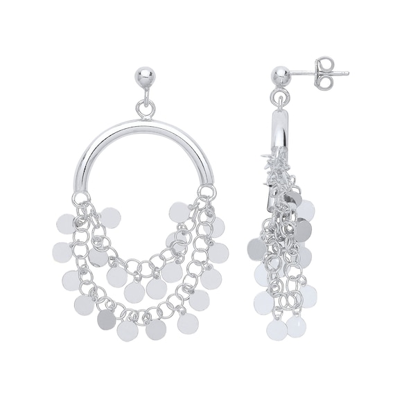 925 Sterling Silver 28mm Fancy Half Hoop Coin Chain Drop Earrings