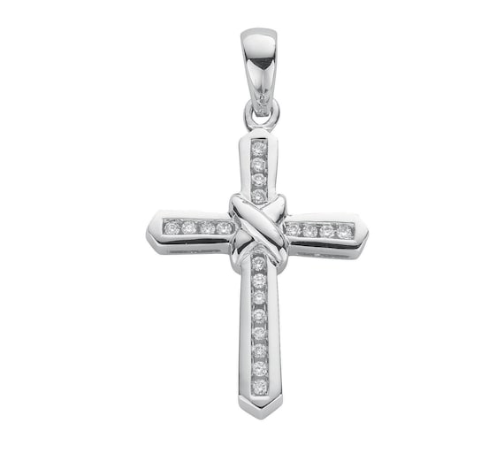 9ct White Gold 0.25ct Channel Set Diamond Cross Pendant 25x15mm Hallmarked - Real 9K Gold