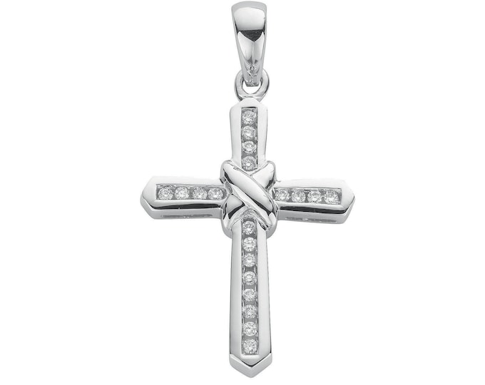 9ct White Gold 0.25ct Channel Set Diamond Cross Pendant 25x15mm Hallmarked - Real 9K Gold