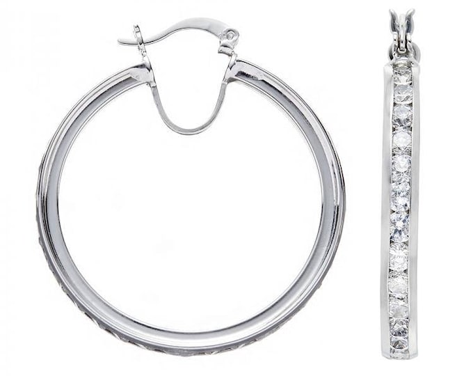 925 Sterling Silver Hoop Earrings Channel Set With Cubic Zirconia Stones