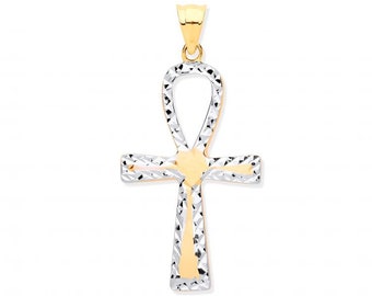 9ct Yellow Gold 3.3cm Diamond Cut Edge Egyptian Ankh Key Cross Pendant - Real 9K Gold