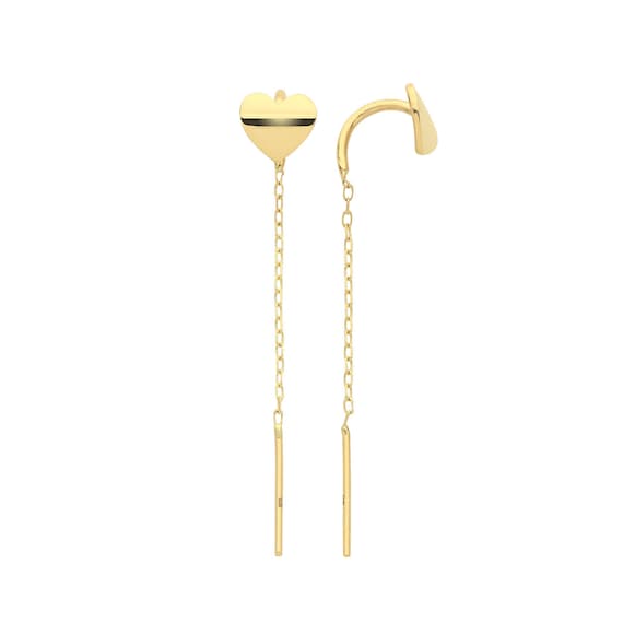 9ct Yellow Gold Heart Stud Chain Drop Threader Earrings Real - Main Image