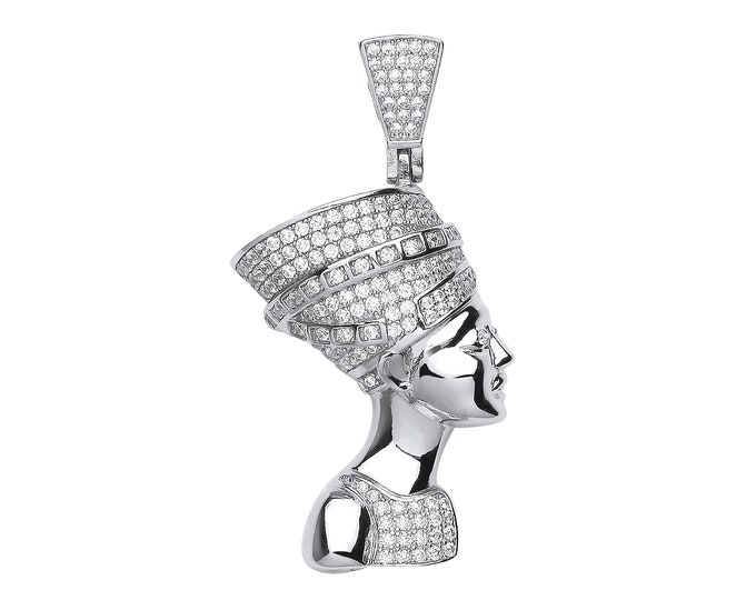 925 Sterling Silver Pave Cz 4.3cm Hollow Egyptian Queen Nefertiti Head Pendant