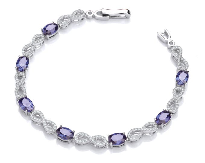 925 Sterling Silver Oval Cut Sapphire Blue Cz & Pave Infinity Link Bracelet Hallmarked