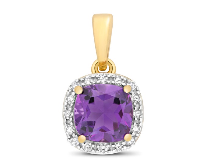 9ct Yellow Gold 0.08ct Diamond 6mm Cushion Cut Amethyst Pendant - Real 9K Gold