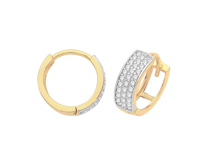 9ct Yellow Gold 3 Row Pave Cz 10mm Diameter Hinged Huggies Hoop Earrings - Real 9K Gold