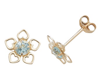 Blue Topaz Flower Heart Petal Stud Earrings - 9ct Yellow Gold 3.5mm Real Topaz- Real 9K Gold