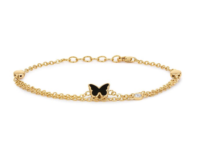 Ladies 9ct Yellow Gold Single Diamond Black Enamel Butterfly Bracelet Hallmarked - Solid 9K Gold