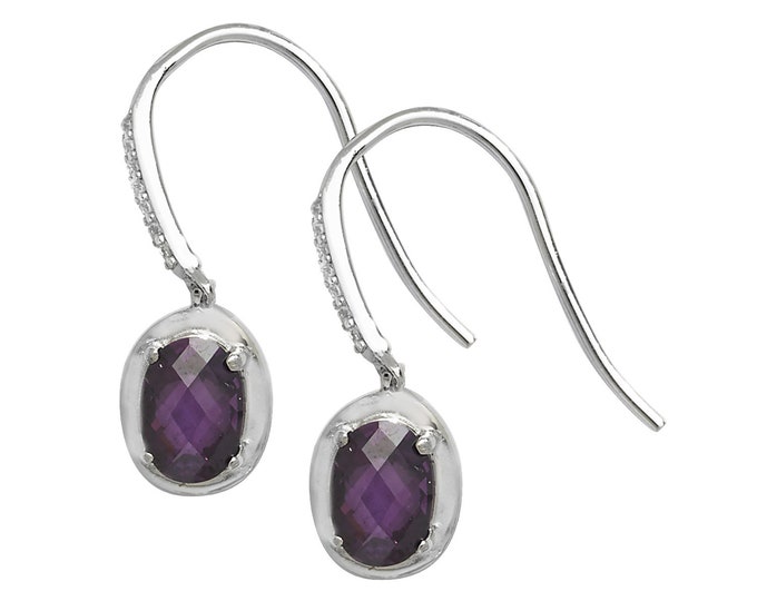 925 Sterling Silver Oval Purple Amethyst Fish Hook 22mm Drop Earrings