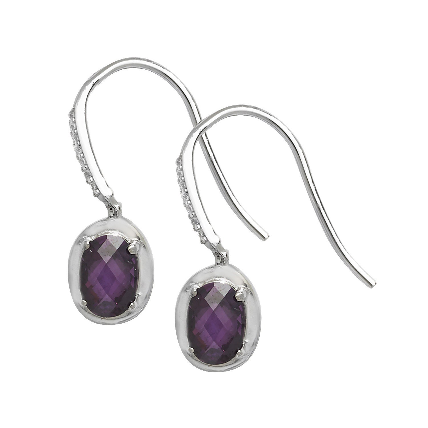 925 Sterling Silver Oval Purple Amethyst Fish Hook 22mm Drop Earrings