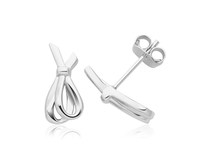 Silver Ribbon Stud Earrings Rhodium Plated 12x7mm