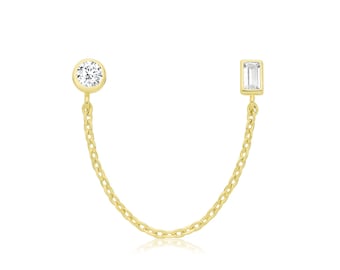 SINGLE Round & Baguette Cz Chain Linked Stud Earring Butterfly Fastenings - Real 9K Gold