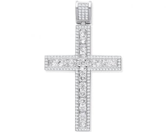 Large Channel Set Cz Cross 5.5cm Micro Pave Edge Pendant 925 Sterling Silver