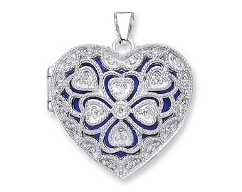 Vintage Filigree Design 925 Sterling Silver Cz Heart Shaped 2 Photo Locket