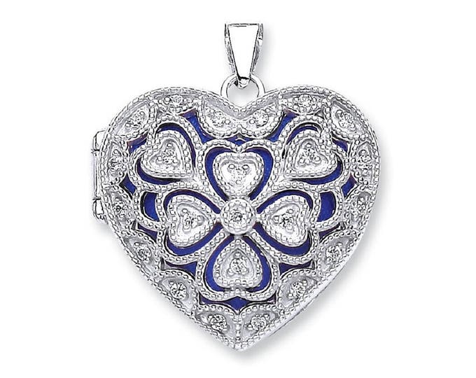 Vintage Filigree Design 925 Sterling Silver Cz Heart Shaped 2 Photo Locket