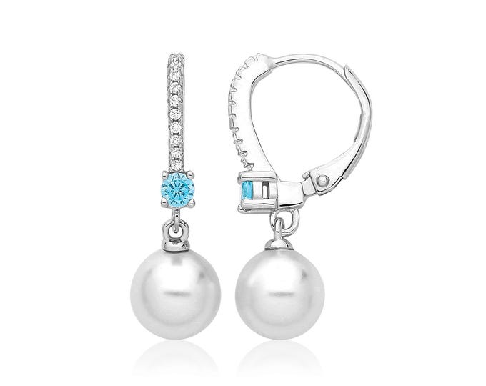 Silver Blue Cz & Pearl Drop Hoop Earrings 25x12mm