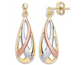 9ct 3 Colour Yellow Rose & White Gold Teardrop Ribbon Earrings - Real 9K Gold