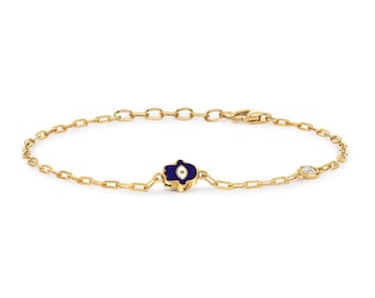 Ladies 9ct Yellow Gold Single Diamond Blue Enamel Hamsa Hand Bracelet Hallmarked - Solid 9K Gold