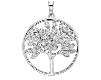 925 Sterling Silver 2.5cm Diameter Tree Of Life Cz Leaf Circle Pendant