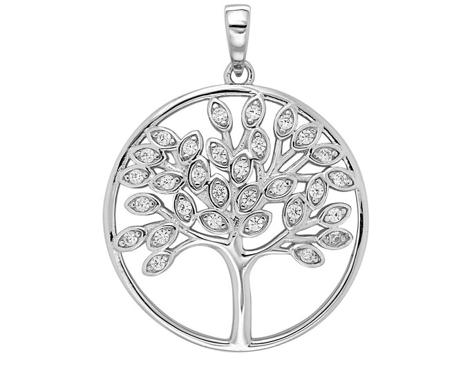 925 Sterling Silver 2.5cm Diameter Tree Of Life Cz Leaf Circle Pendant