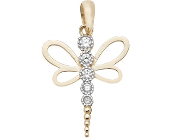 9ct Yellow Gold 15mm Dragonfly Cz Charm Pendant - Real 9K Gold