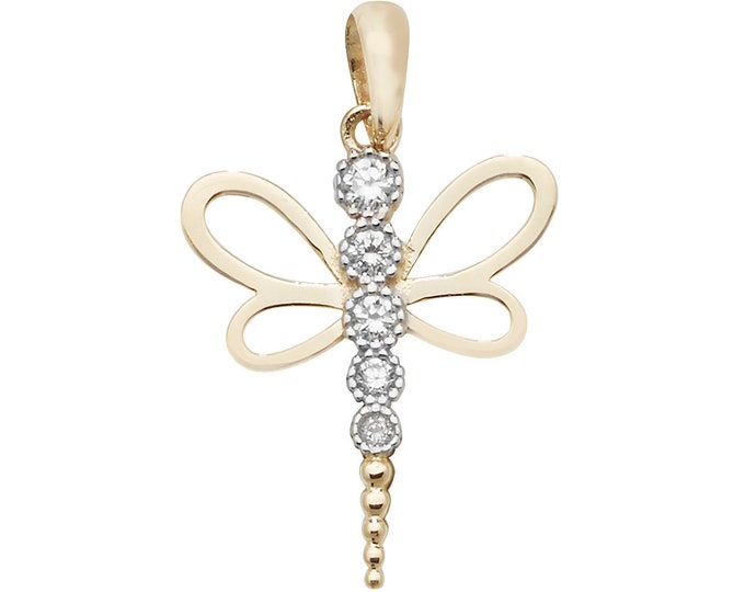 9ct Yellow Gold 15mm Dragonfly Cz Charm Pendant - Real 9K Gold