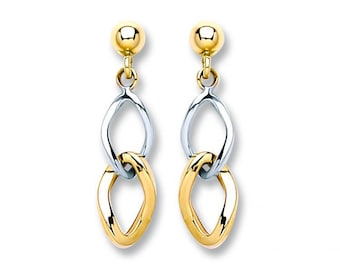 9ct 2 Colour Yellow & White Gold Curb Link Chain 25mm Drop Earrings - Real 9K Gold