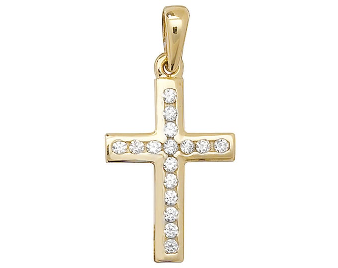 Small 9ct Yellow Gold 1.6cm Cross Pendant Channel Set With Cz Stones - Real 9K Gold