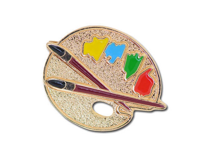 Gold & Enamel Artist Palette With Brushes Brooch Badge Lapel Pin 22x12mm