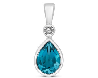 9ct White Gold & Diamond 7x5mm Pear Cut London Blue Topaz Pendant - Real 9K Gold