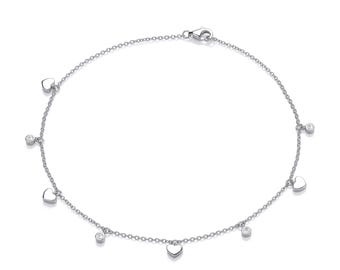 Ladies Sterling Silver Hearts & Round Cz 10" Anklet Chain Rhodium Plated