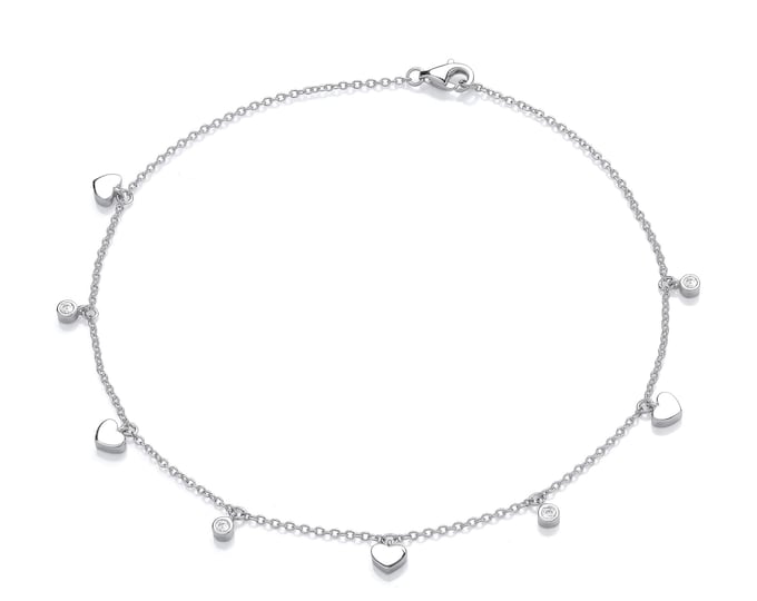 Ladies Sterling Silver Hearts & Round Cz 10" Anklet Chain Rhodium Plated