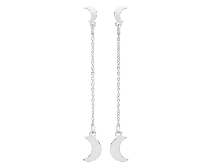 Contemporary 925 Sterling Silver 4.5cm Plain Polished Double Moon Chain Drop Earrings