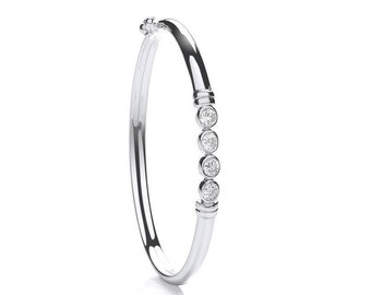 925 Sterling Silver 4 Stone White Brilliant Cut Cz Hinged Baby Bangle