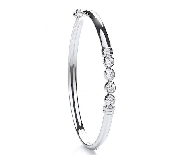 925 Sterling Silver 4 Stone White Brilliant Cut Cz Hinged Baby Bangle
